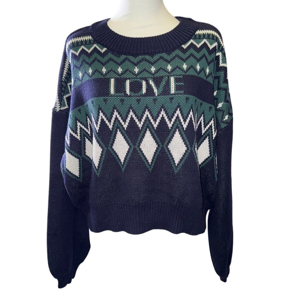 Chaser Sweater Ramone Pullover Womens S Oversized Blue Love Script Diamonds‎